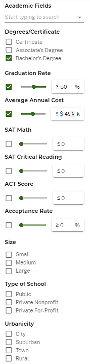 college scorecard filters