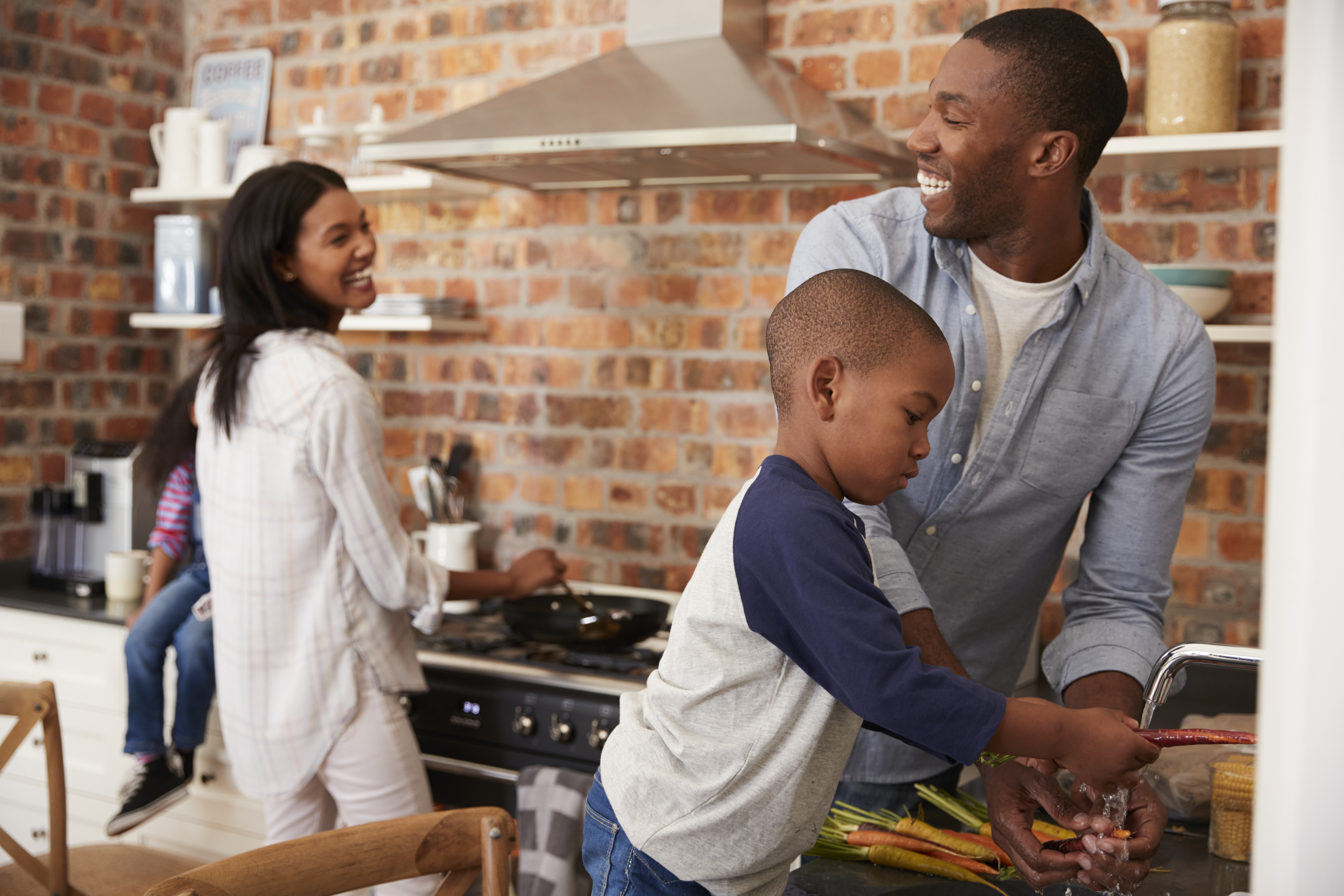 A family doing chores