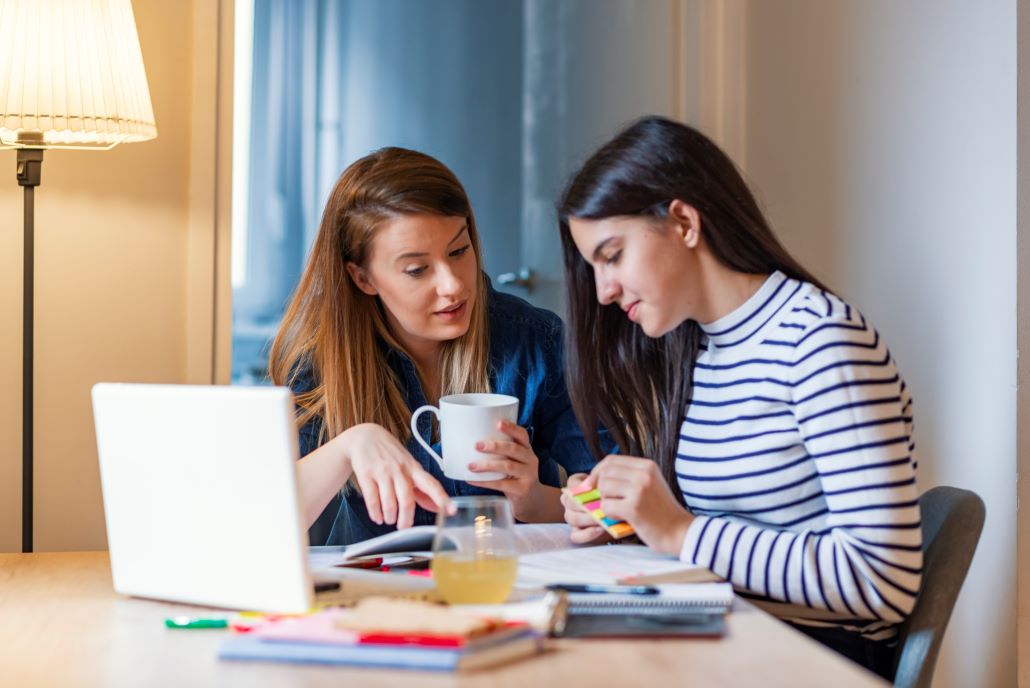 Mom and teenage daughter working on laptop to understand private loans