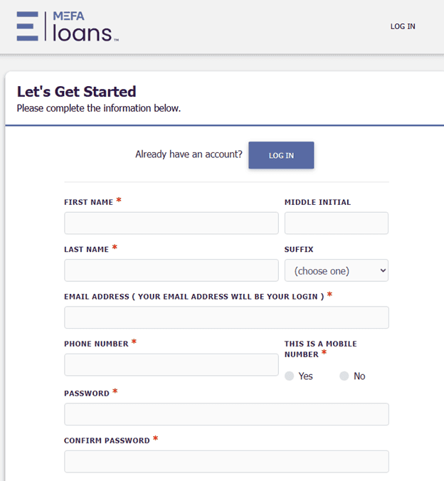 Screenshot displaying the MEFA Loans log in and create an account screen