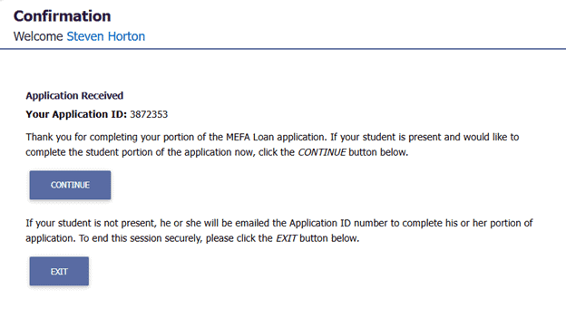 Screenshot of confirmation screen to continue a MEFA Loan application