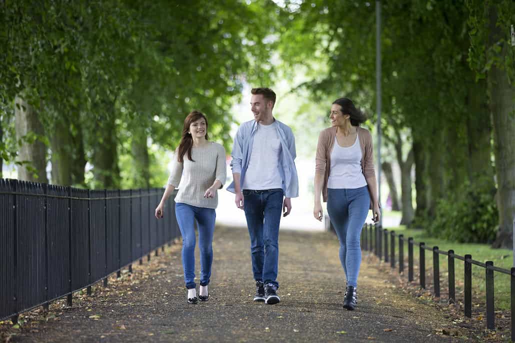 Three friends walking on a path through trees