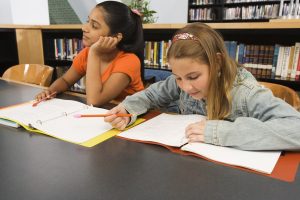 Two students working at a desk together